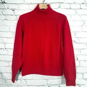 Lands End Drifter Turtleneck Sweater Women L Red Fisherman Knit USA Heavyweight